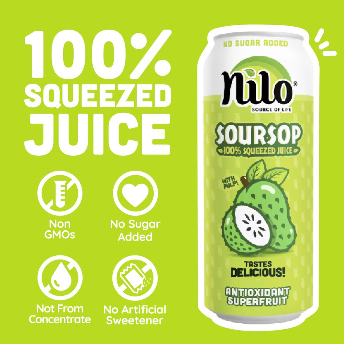 NILO soursop juice can with 100% squeezed and no sugar added icons, front label
