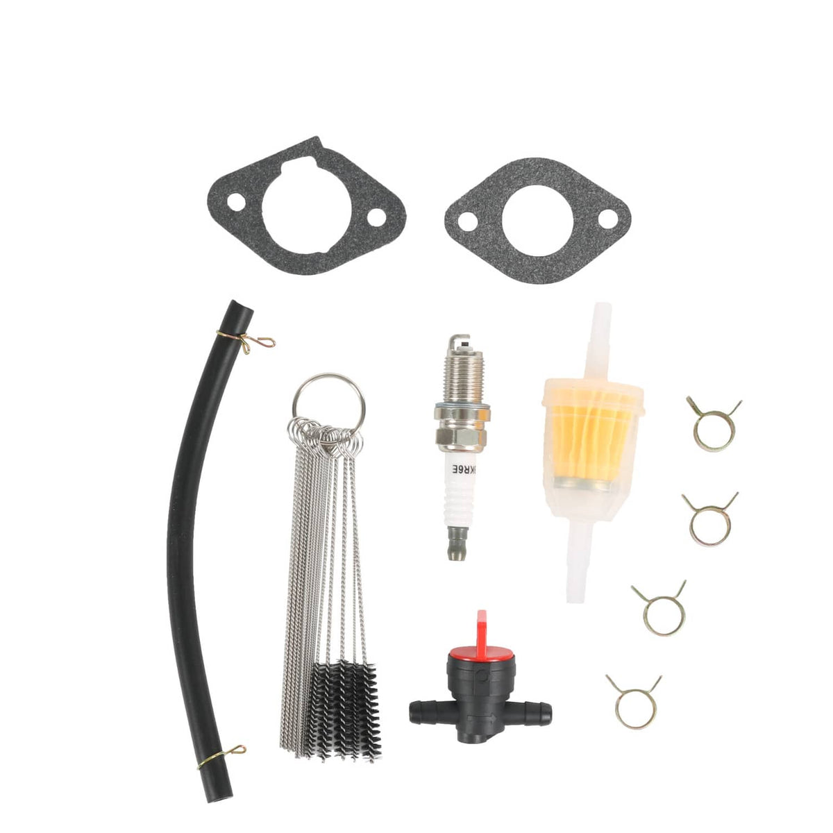 Carburetor rebuild kit parts: gaskets, spark plug, fuel line filter, springs, clips