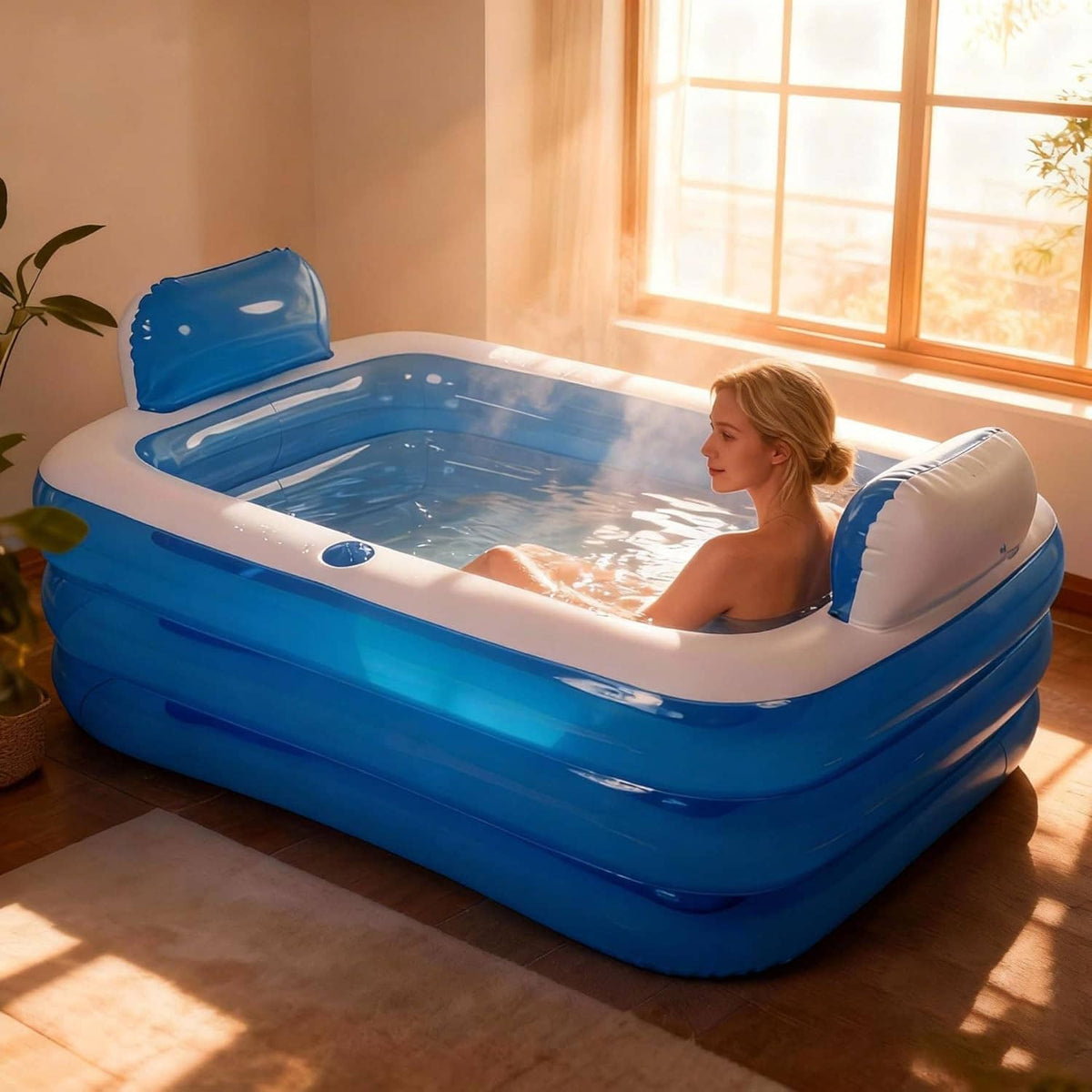 Blue and white double inflatable bathtub with headrest, filled with water and used by one person