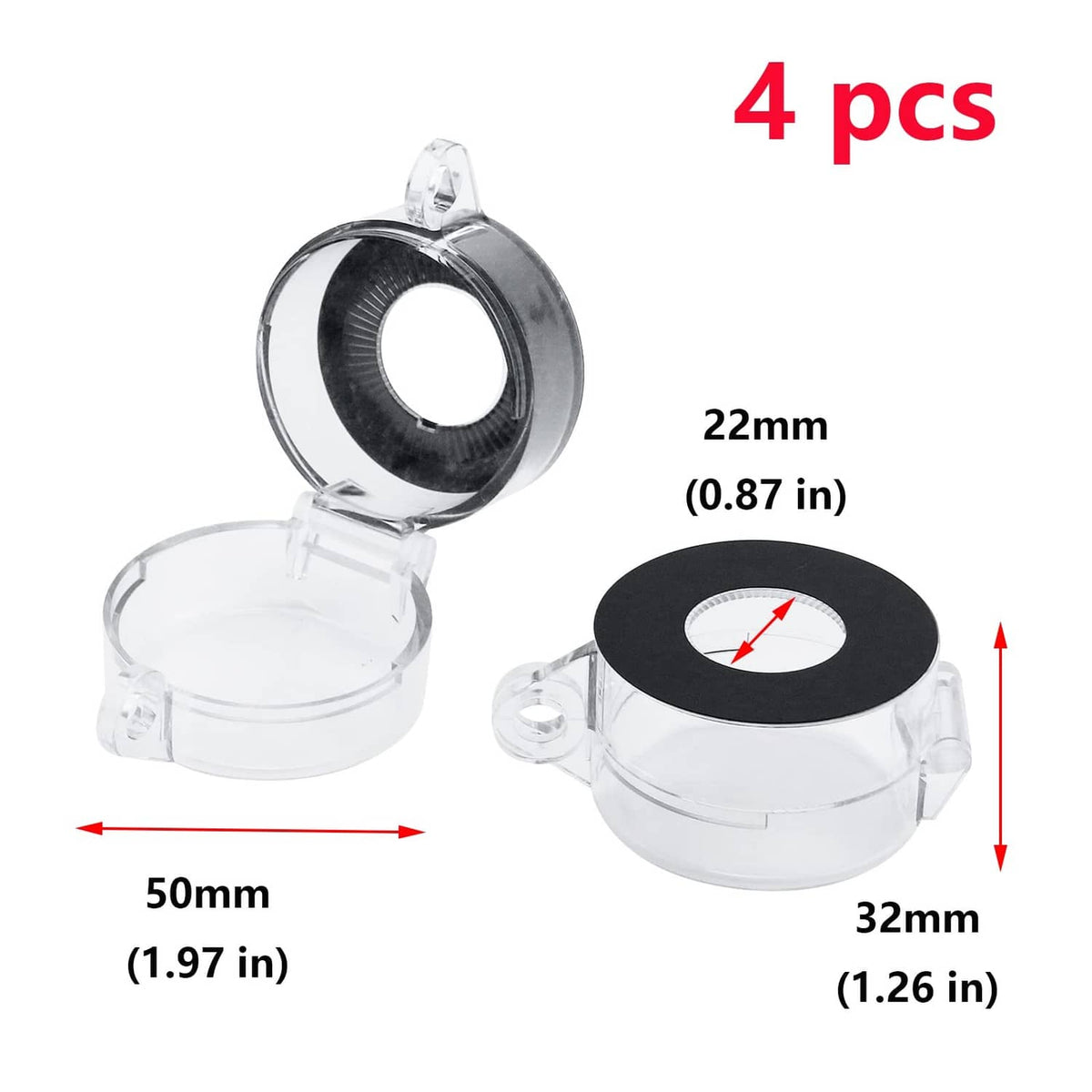Clear push-button protective cover with hinged dome and black circular insert