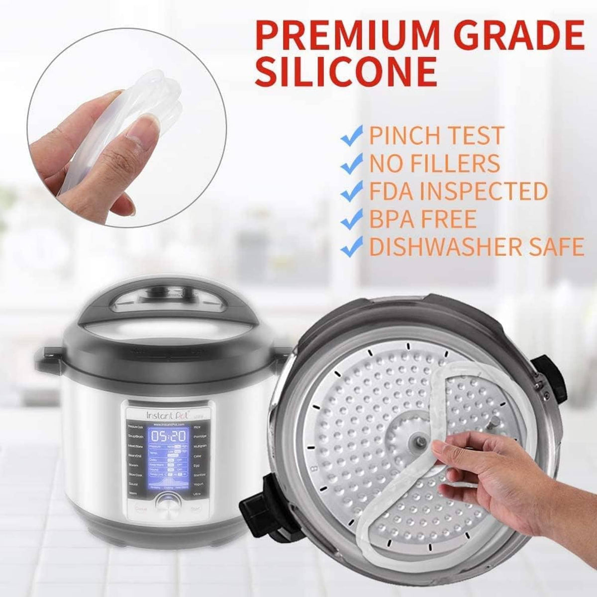 White silicone sealing ring around open pressure cooker lid, with raised gasket texture