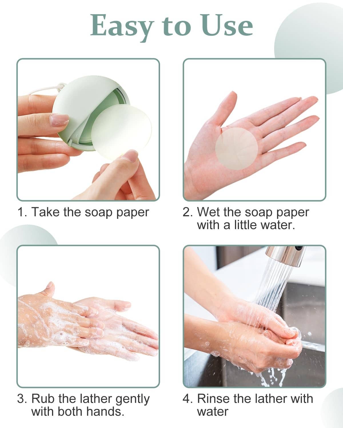 Portable soap sheet case in use: hands wetting and rubbing the soap sheet