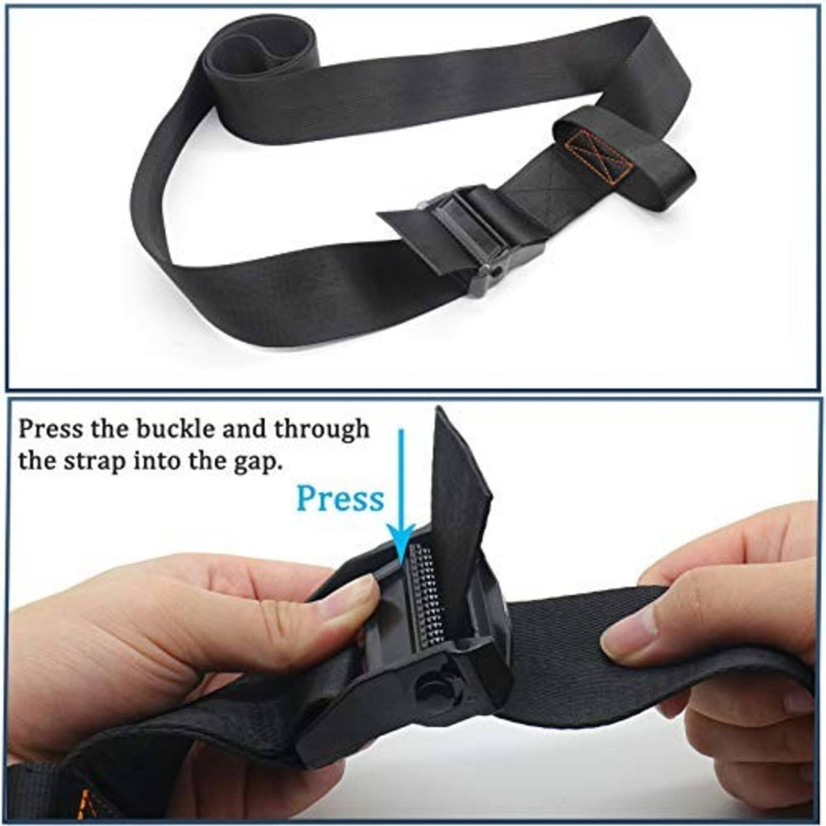 Black tree strap with metal buckle and adjustable webbing end, laid flat