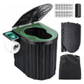 Portable foldable camping toilet, black with open seat and side storage bag