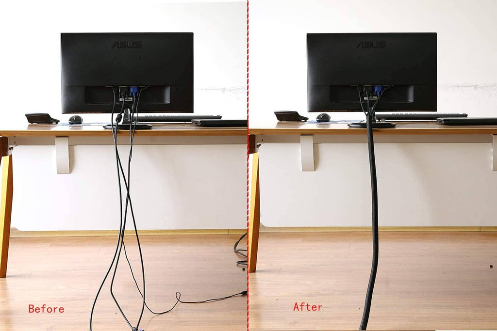 Black split cable protector sleeve covering desk power cords