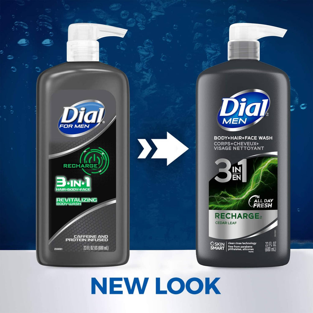 Dial Men pump bottle for body, hair & face wash with Recharge 3-in-1 label