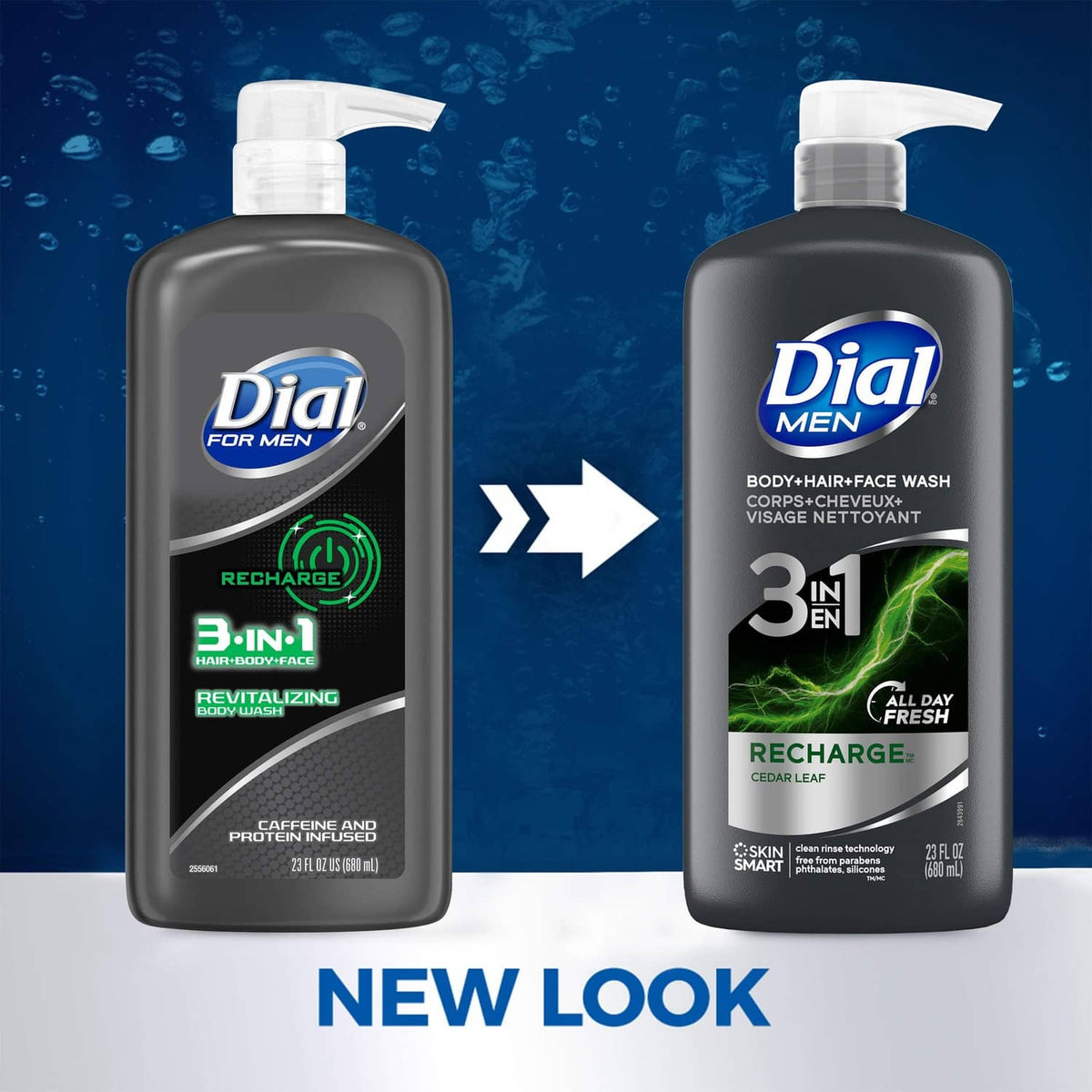 Dial Men pump bottle for body, hair & face wash with Recharge 3-in-1 label