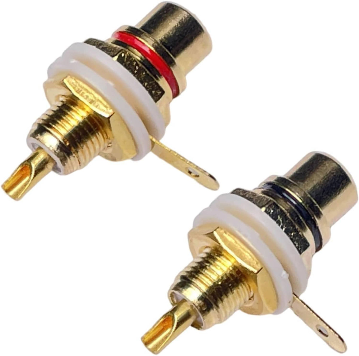 Gold-plated audio jack connectors with red and black bands, front lugs and panel-mount prongs.