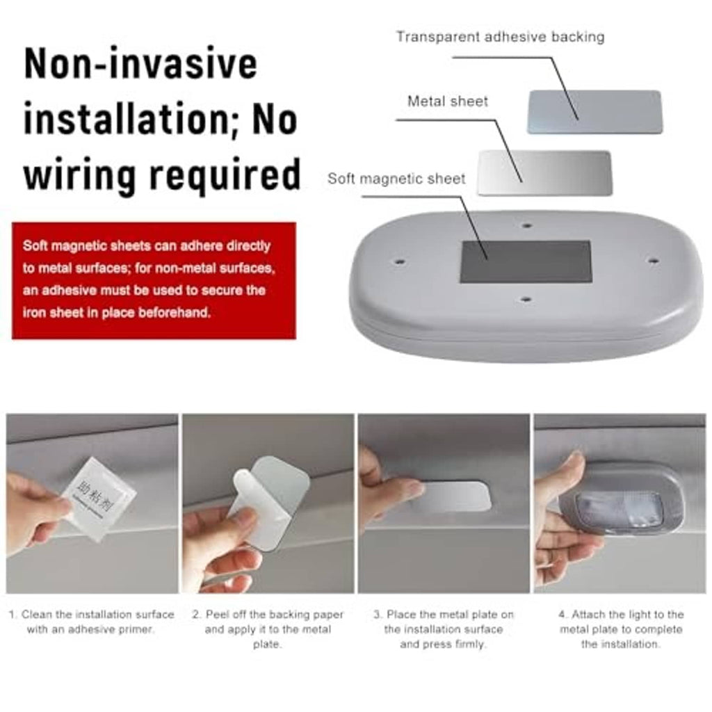 Ceiling dome light with metal plate and adhesive backing for non-invasive mounting