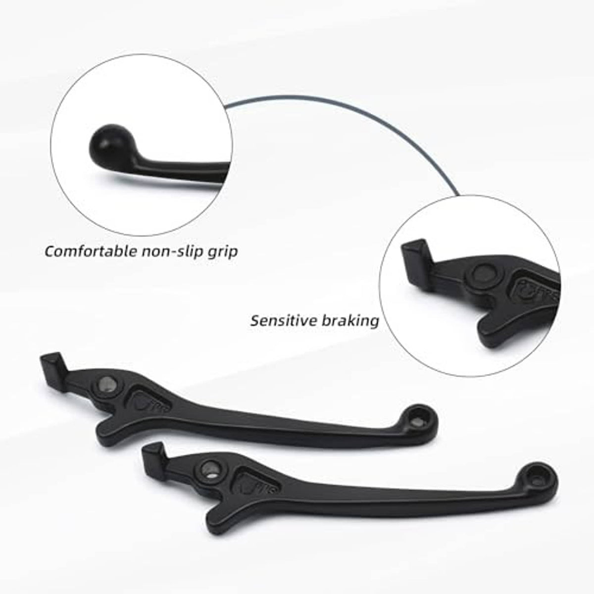 Two black left disc brake levers with textured non-slip grip ends