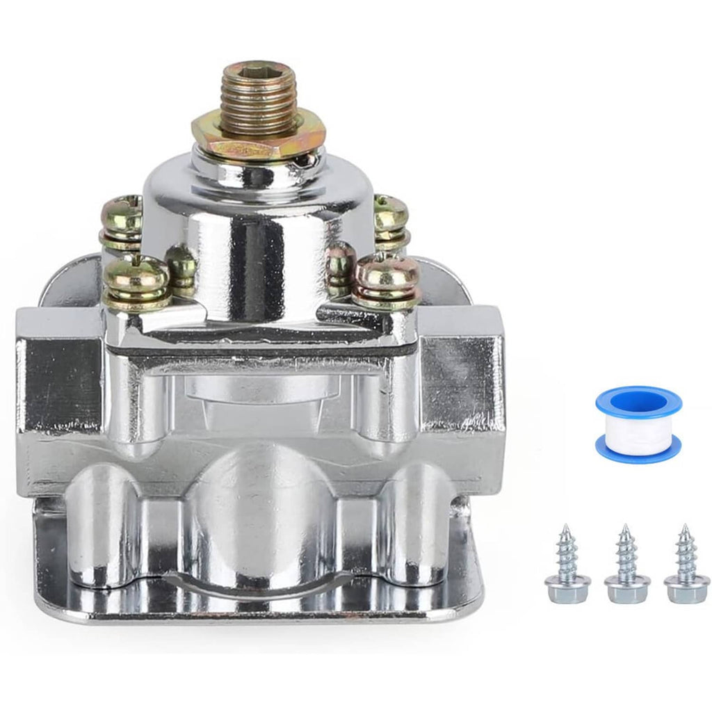 Chrome fuel pressure regulator with gasket spacer and three mounting screws