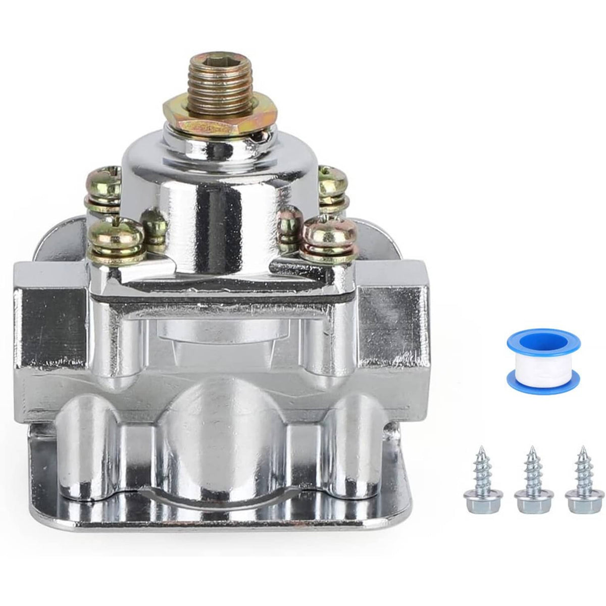 Chrome fuel pressure regulator with gasket spacer and three mounting screws