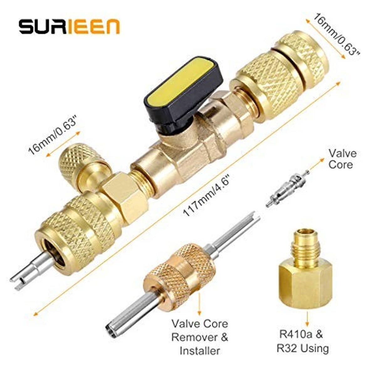 Brass valve core remover and installer tool with yellow lever and long push rod