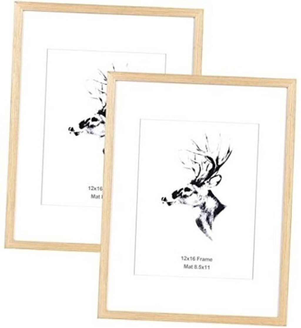 Light oak picture frame set with white mats and black deer wall art, 2-pack