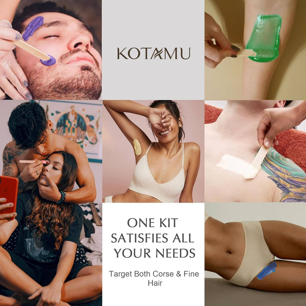 KOTAMU at-home waxing kit shown on face, bikini, and body with wax spatula application
