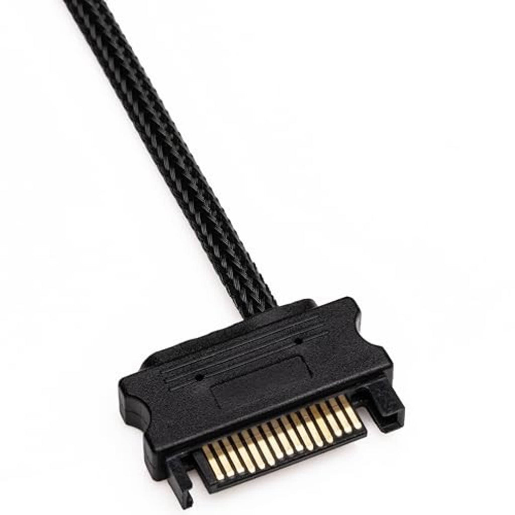 Black 15-pin SATA connector with gold contacts and braided strain relief on cable