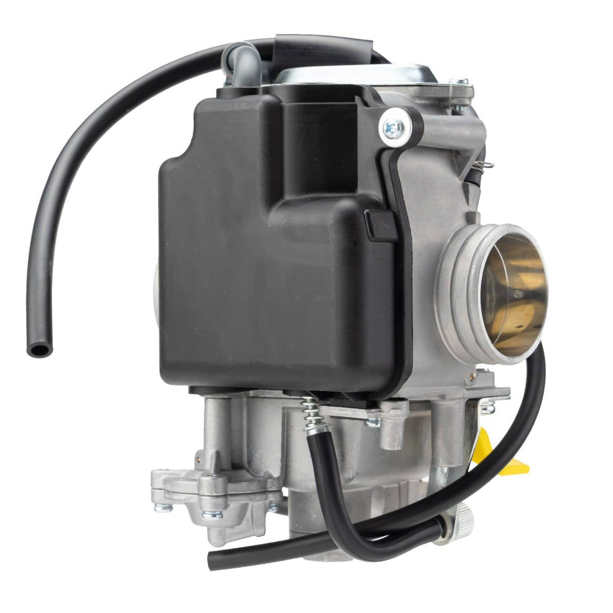 Motorcycle carburetor with round throttle body, black housing, and connected hoses