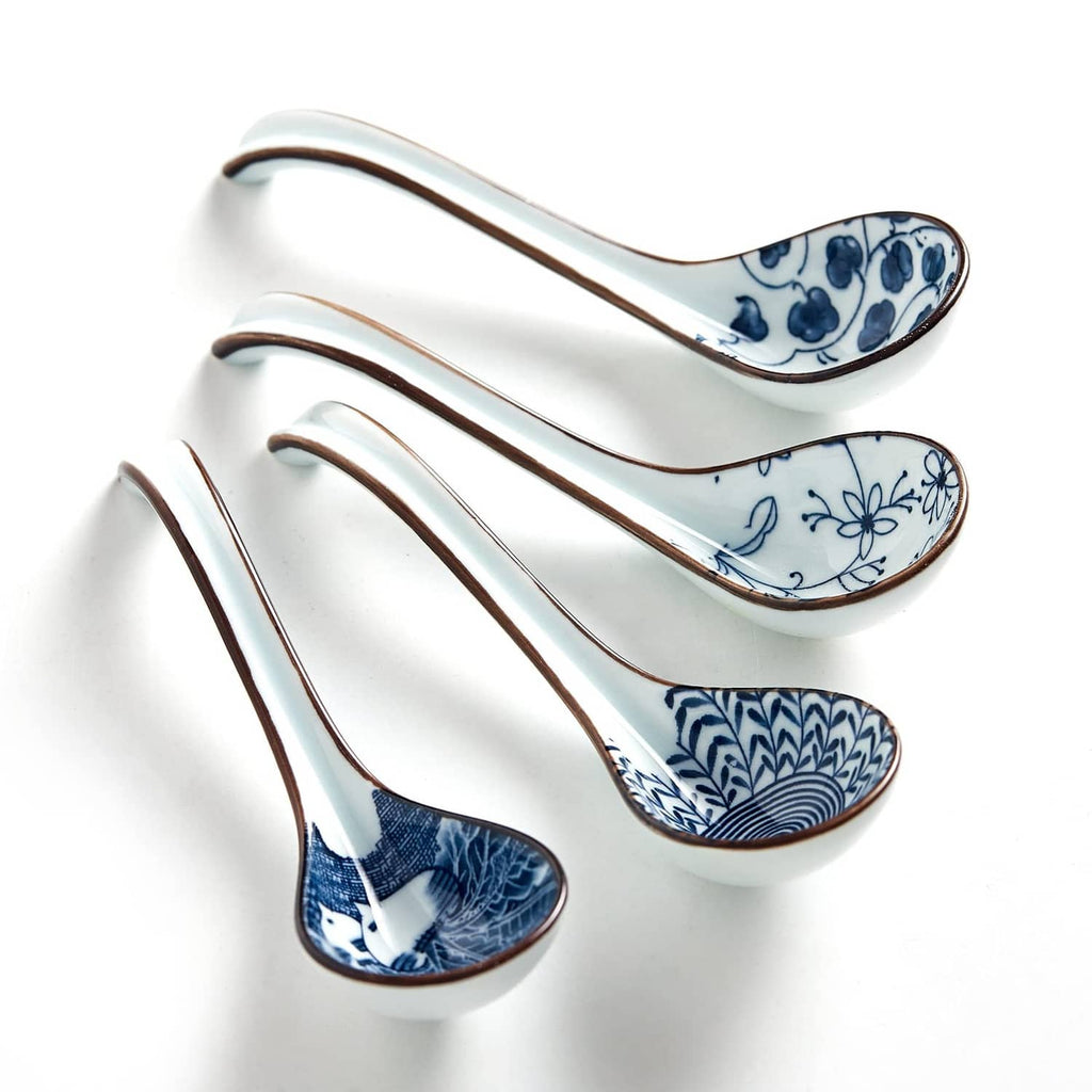 Ceramic Asian soup spoons, blue-and-white porcelain with patterned scoop and long handle