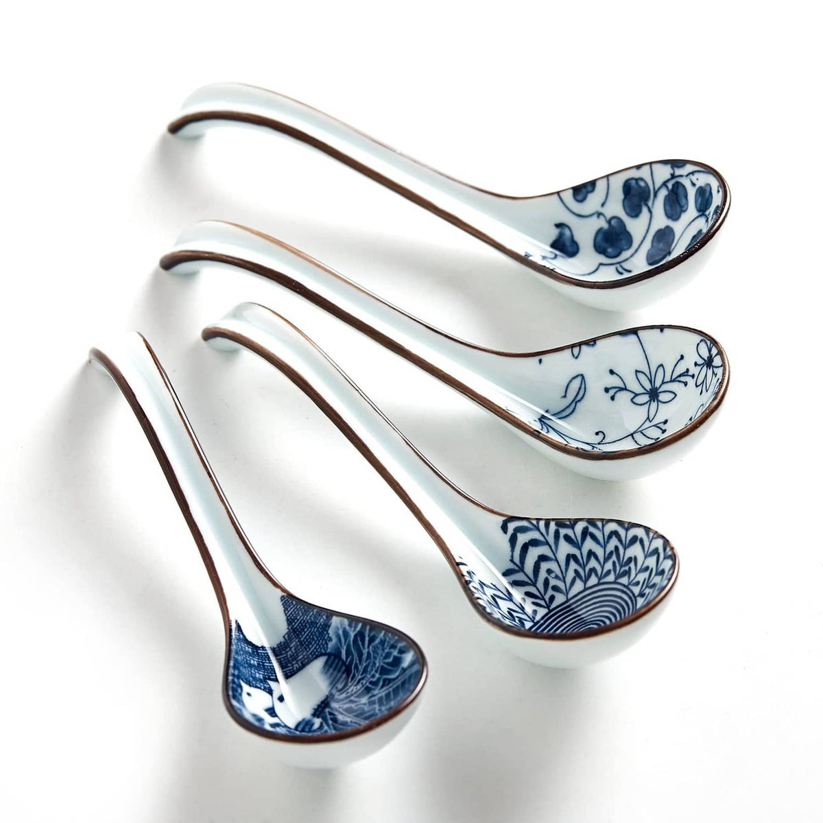 Ceramic Asian soup spoons, blue-and-white porcelain with patterned scoop and long handle