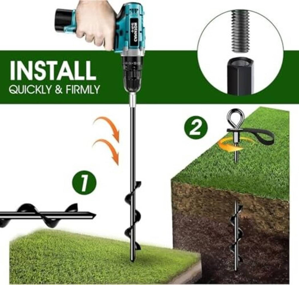 Screw ground anchor installed with power drill, showing strap and loop eyebolt