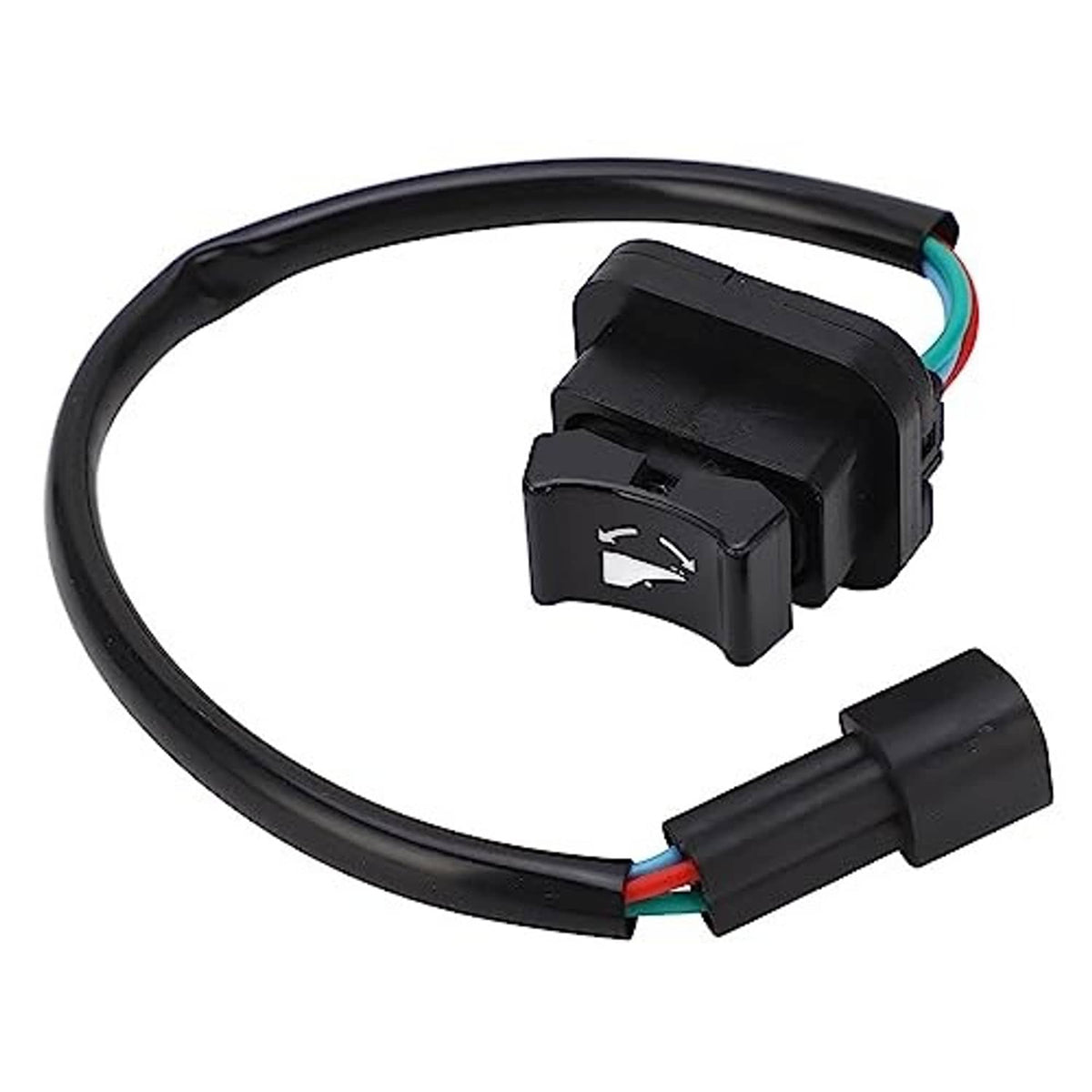 Black trim tilt switch with rocker icon, mounted housing and attached wire leads