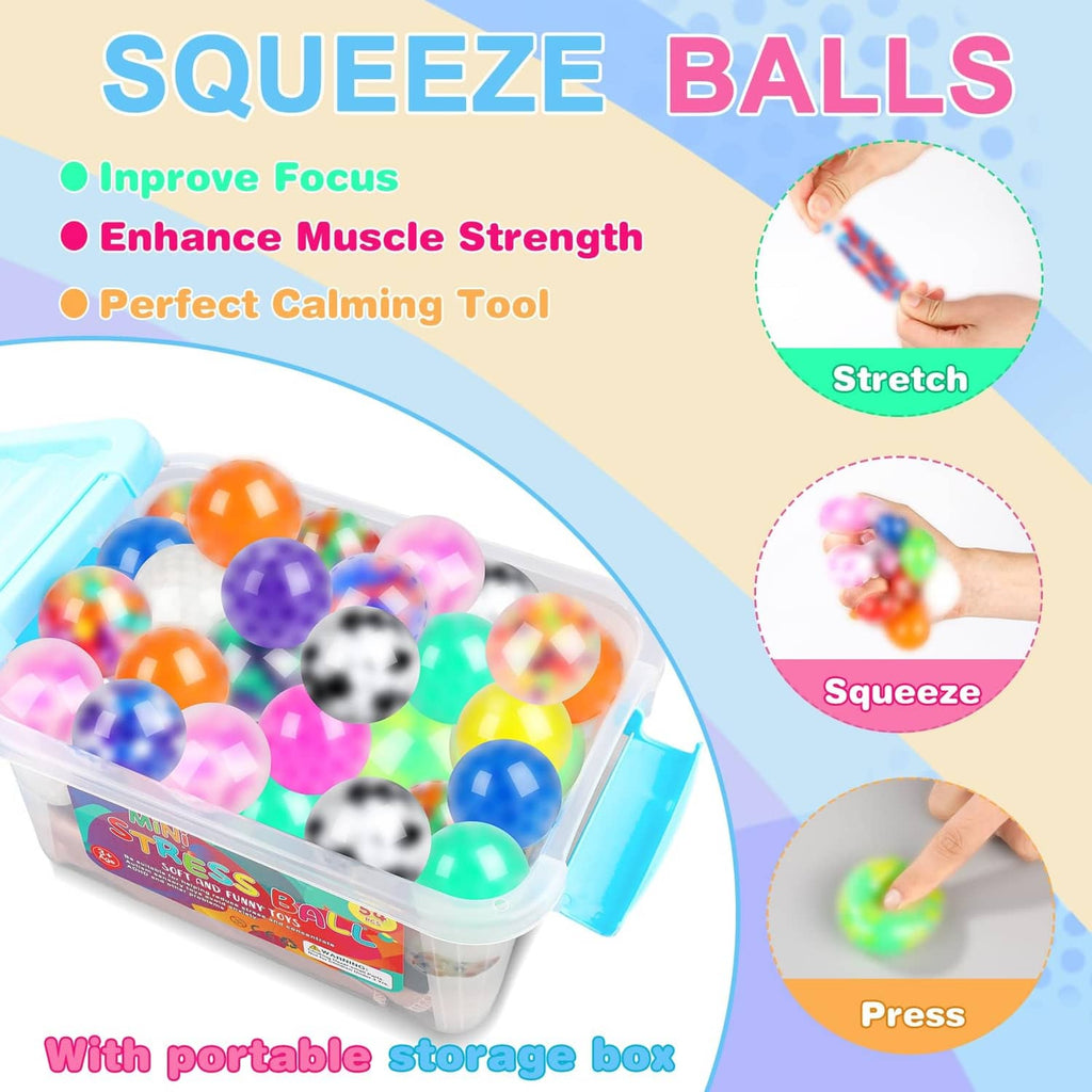 Squishy stress balls in a portable plastic storage box with multicolor balls