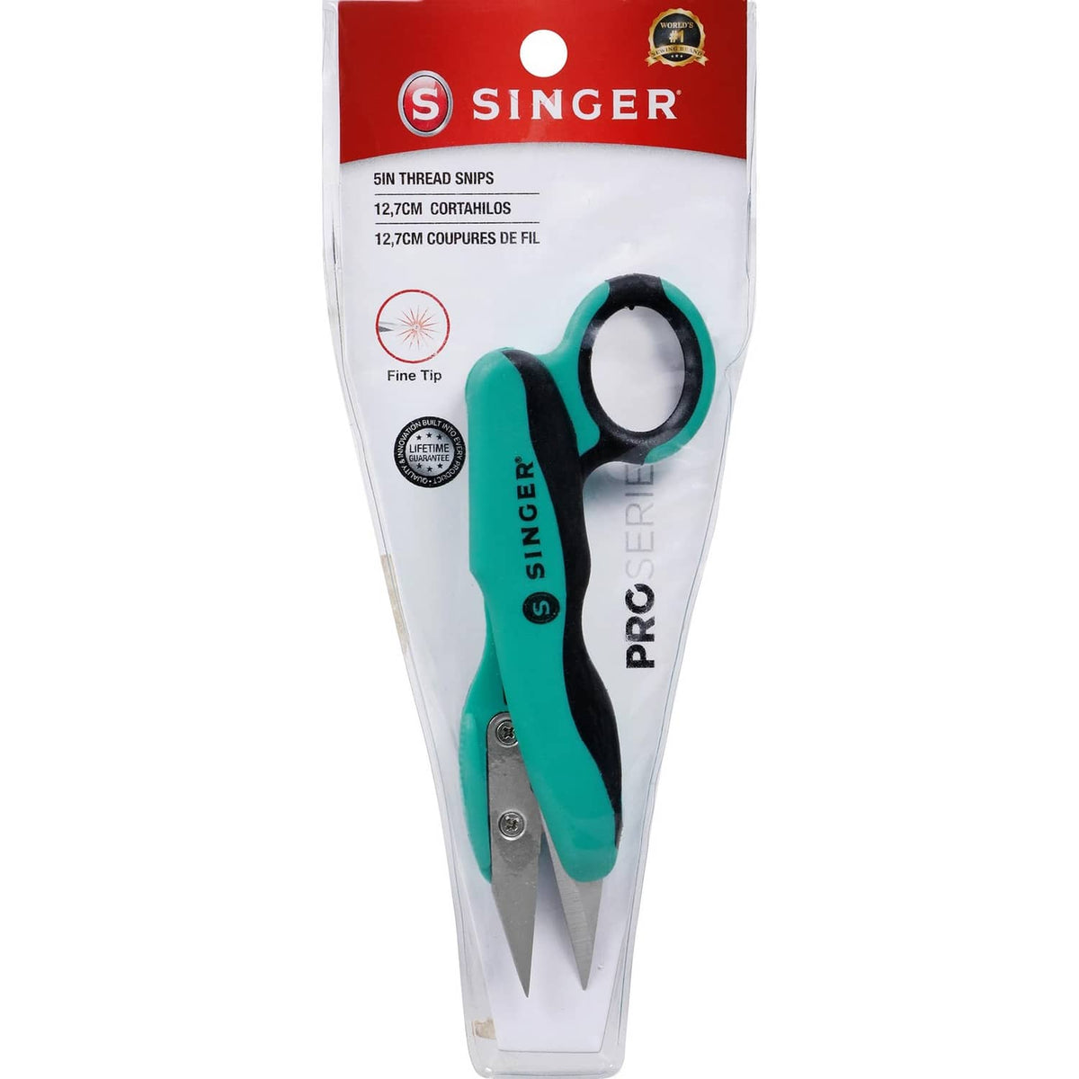 SINGER teal and black 5-inch thread snips with fine tips, in retail package