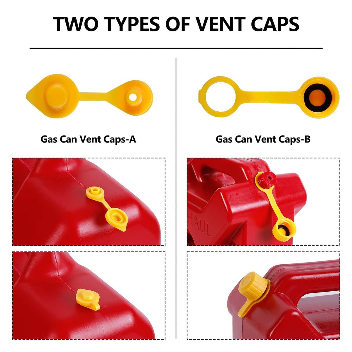 Yellow gas can vent caps: type A with small vent key and type B with ring seal