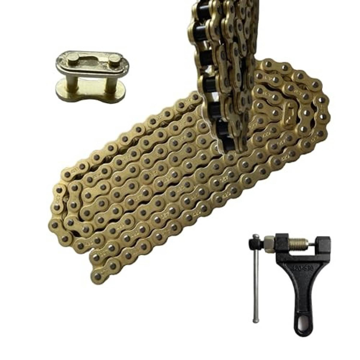 Side view of gold roller chain with chain breaker tool and included spare links