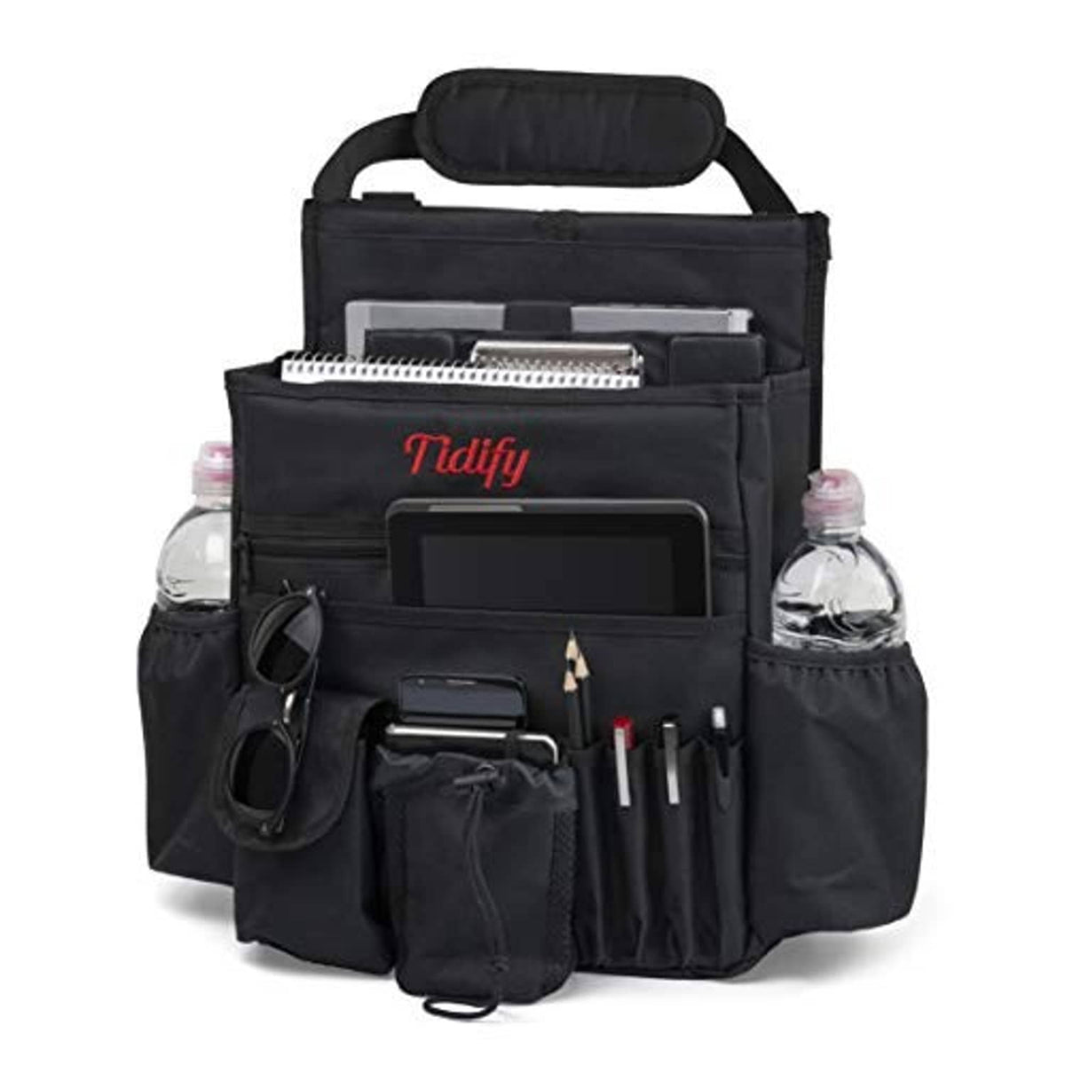 Black car seat organizer with carry handle, tablet sleeve, and front pen/tool holders.