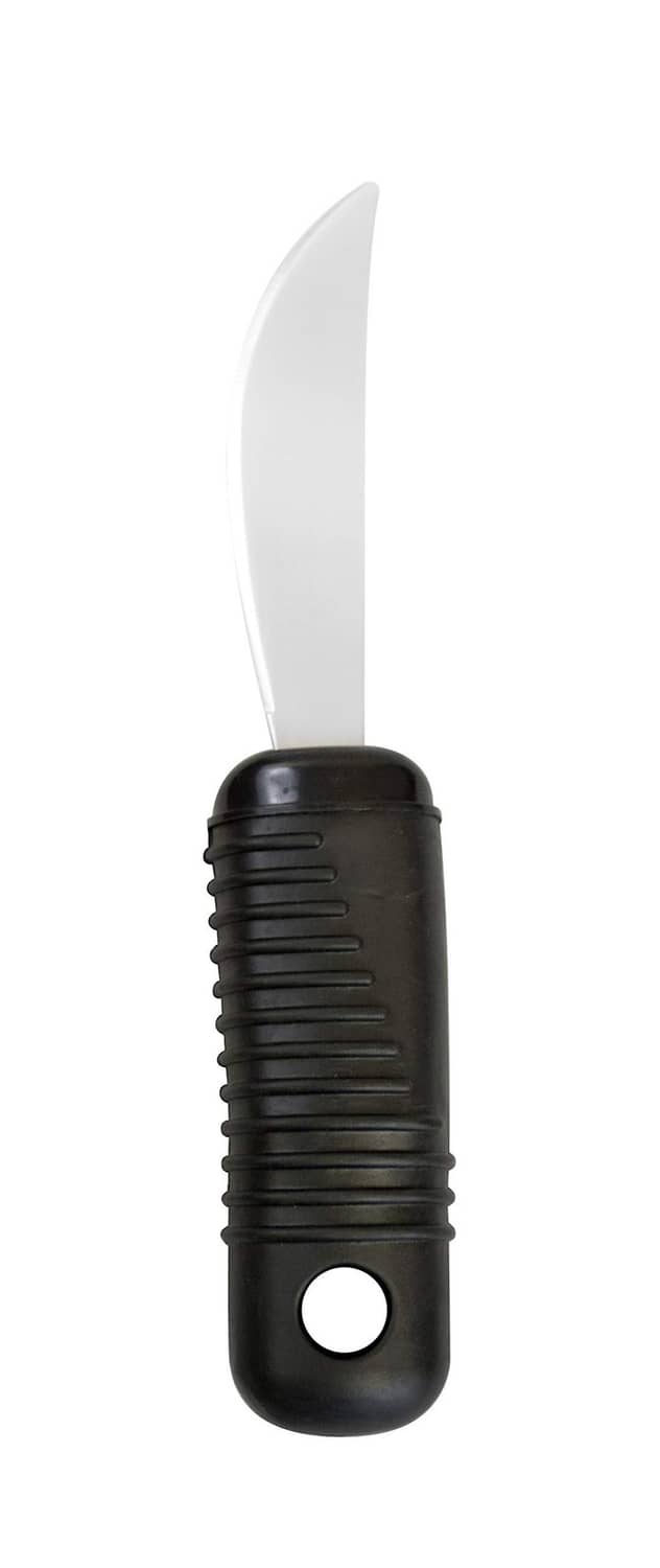 Black built-up handle utensil with wide curved rocker blade