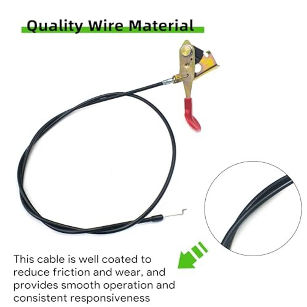 Throttle control cable with yellow mounting bracket, red handle, and black coated wire