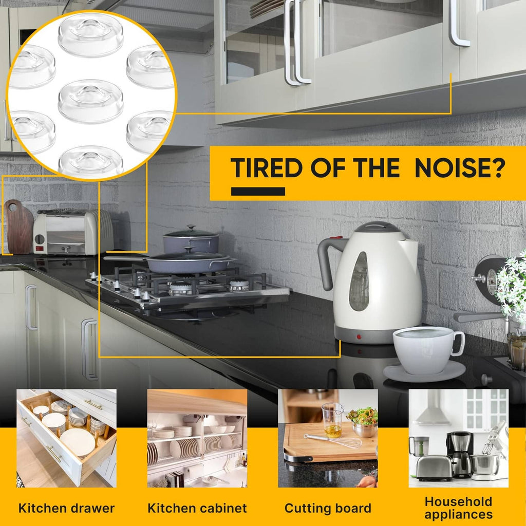 Clear silicone cabinet door bumpers placed to reduce noise on cabinet doors