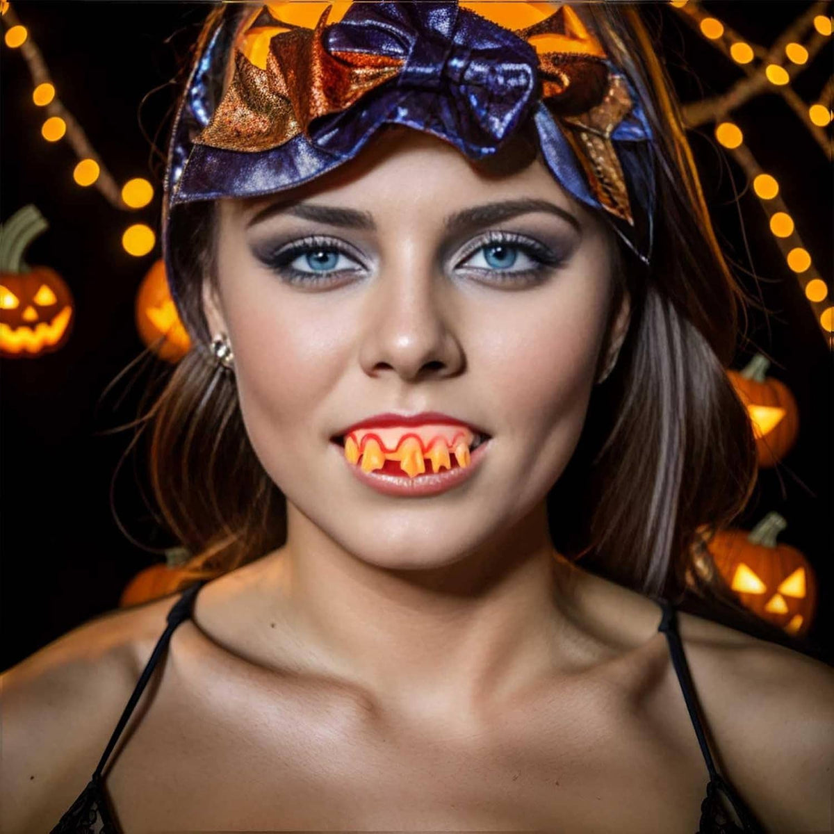 Close-up of Halloween vampire fake teeth on model, bright red fangs with pink gums
