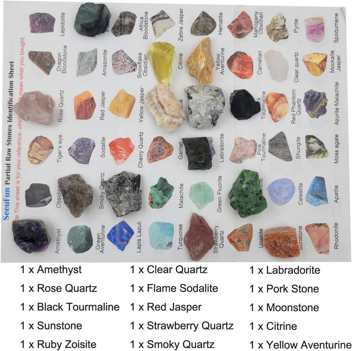 Rock and mineral collection kit with labeled natural rough stones and counts