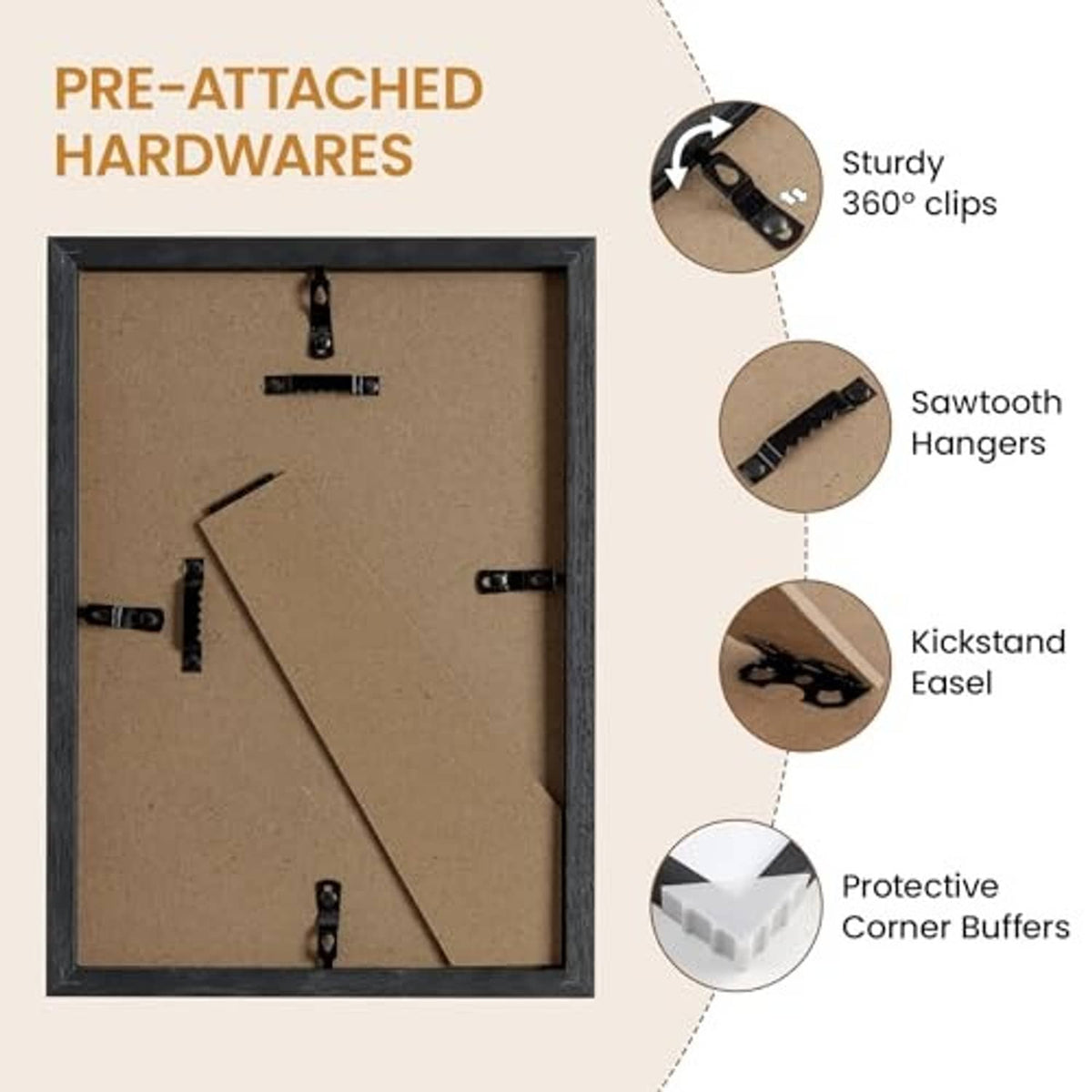 Black solid oak wood picture frame with pre-attached hardware and corner buffers