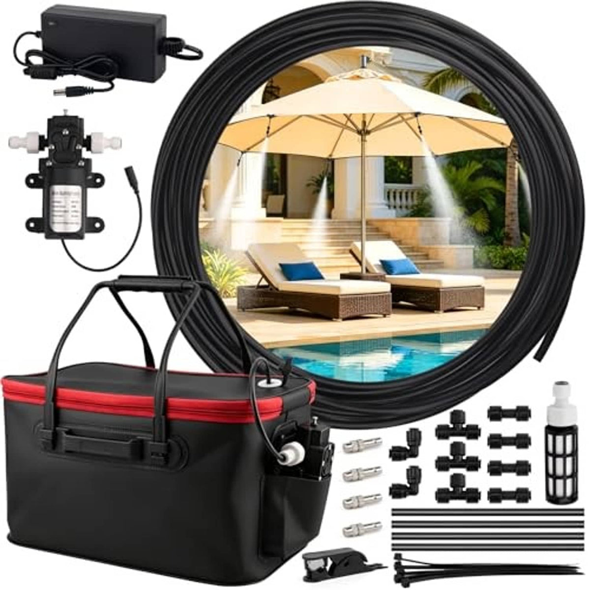 Portable misting system components: coiled hose, pump, and foldable black 20L bucket with fittings