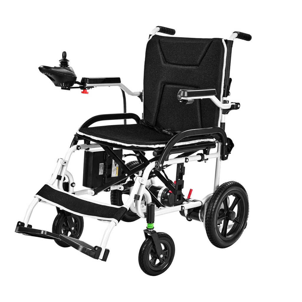 Electric wheelchair front three-quarter view with black seat, joystick, and white frame