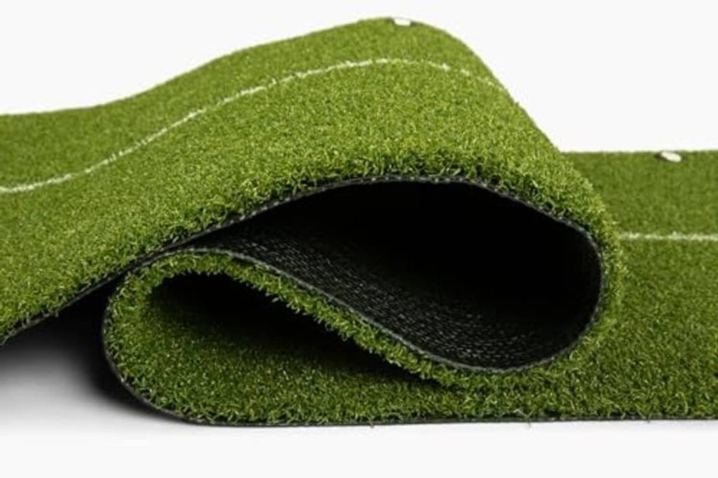 Rolled edge view showing black underside backing on the green mat