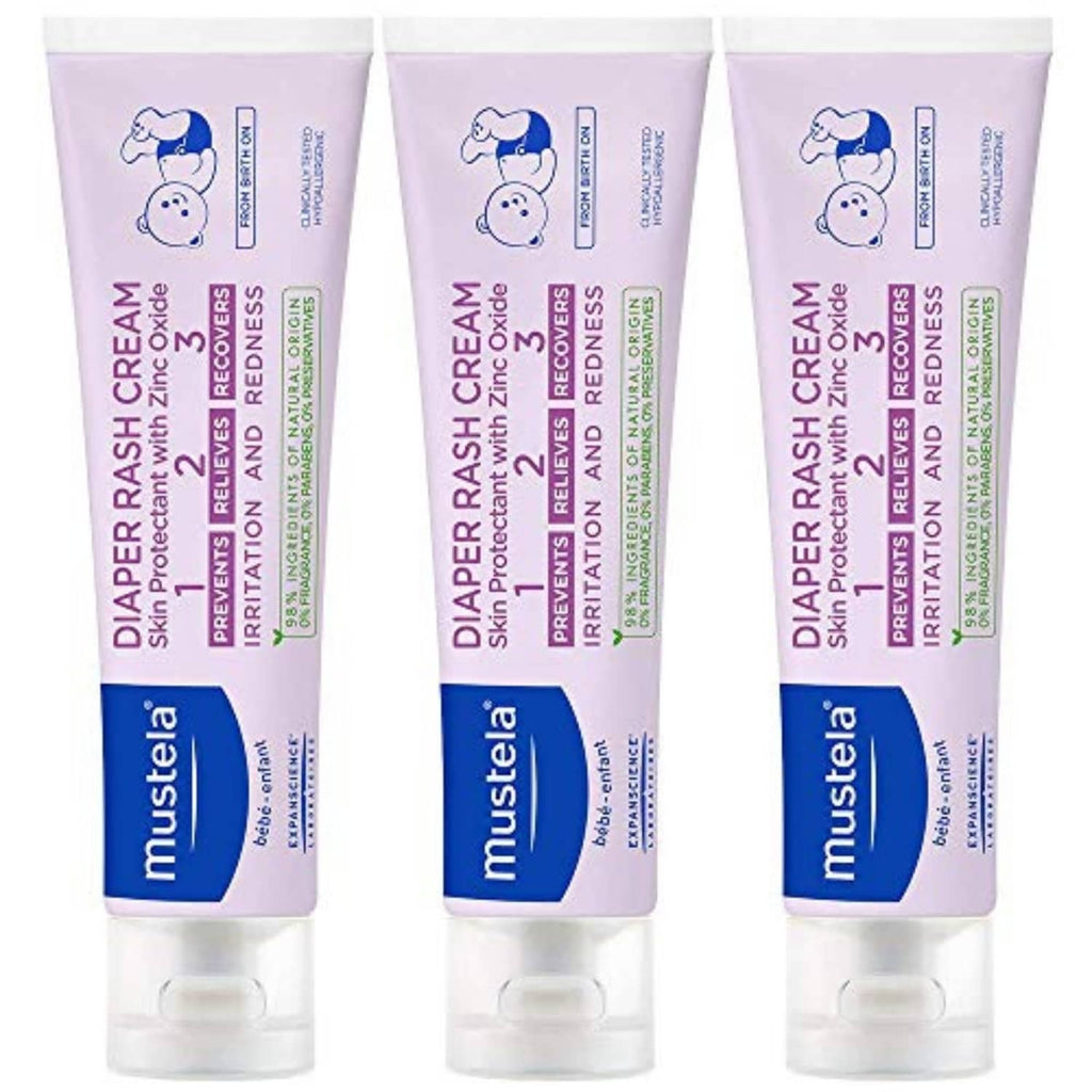 Set of three Mustela diaper rash cream tubes, purple and white