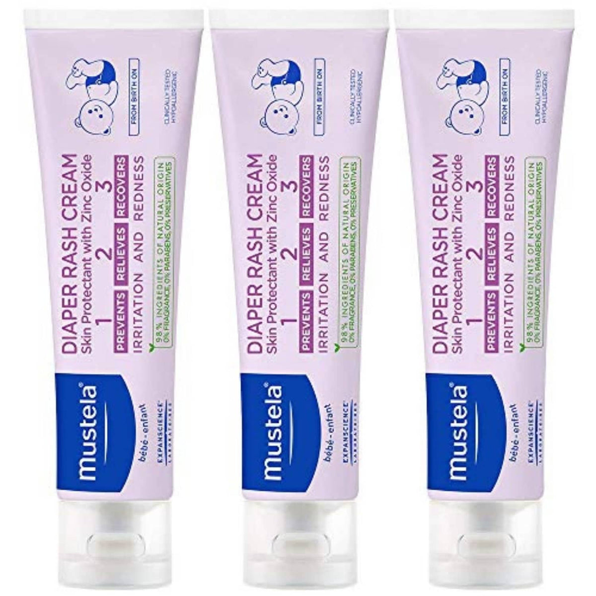 Set of three Mustela diaper rash cream tubes, purple and white