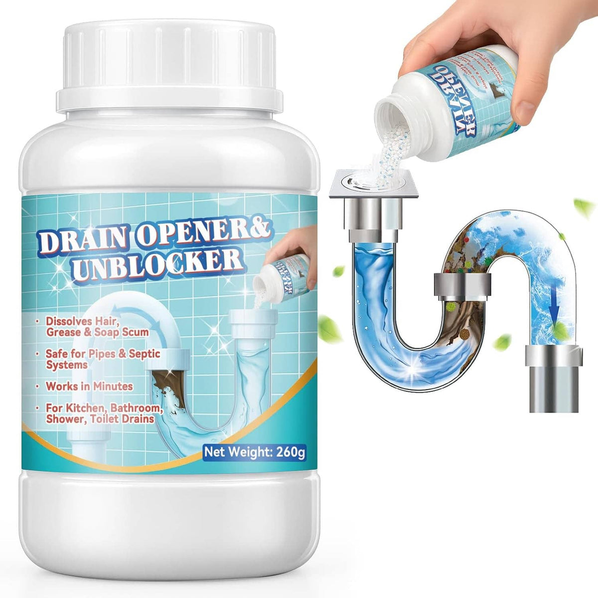 Drain unblocking cleaner bottle with blue label, hand pouring water into sink drain