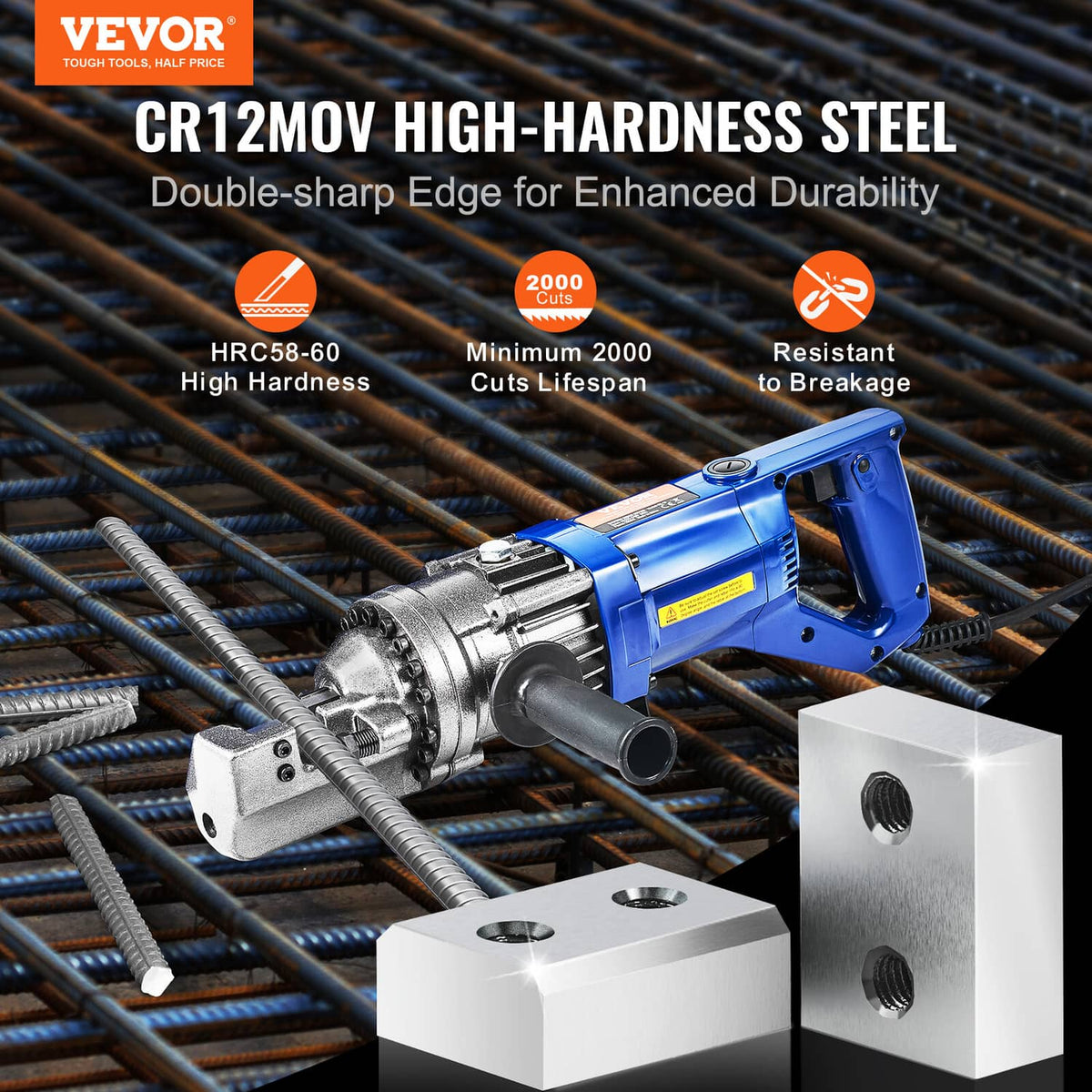 Rebar cutter jaw blades with threaded blocks and screws shown with cutting tool