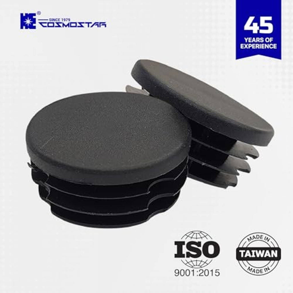 Round dark gray plastic plug set with flat caps and ribbed side edges