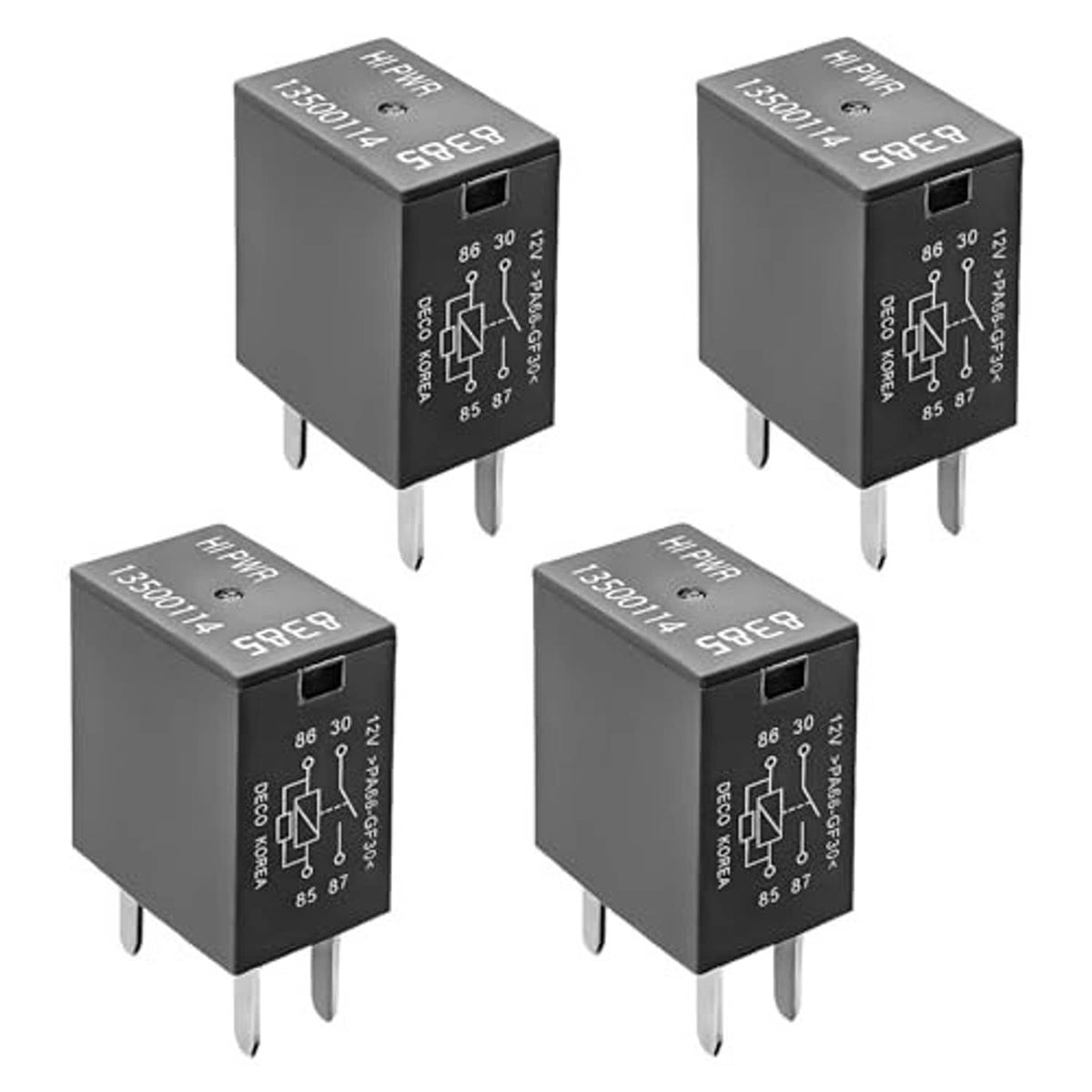 Four gray 4-pin relays, cube housings with printed markings and two mounting pins