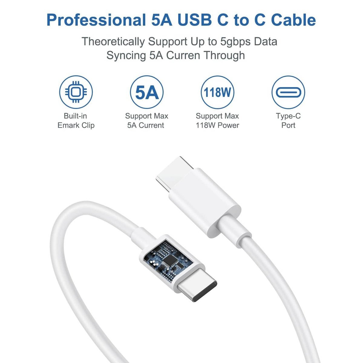 White USB-C to USB-C charging cable with Type-C connectors, 5A 118W rated