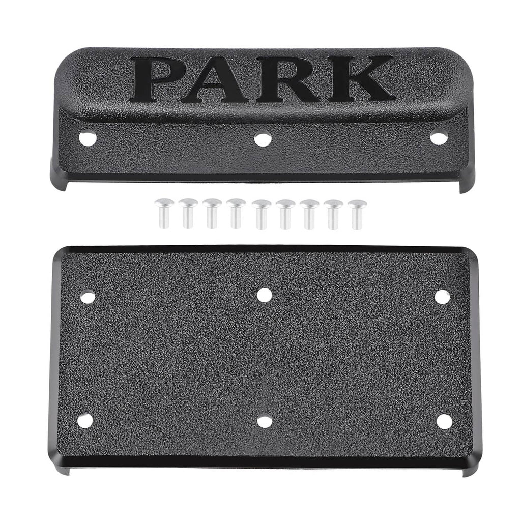 Black brake pedal pad covers set with PARK embossed and drilled screw holes