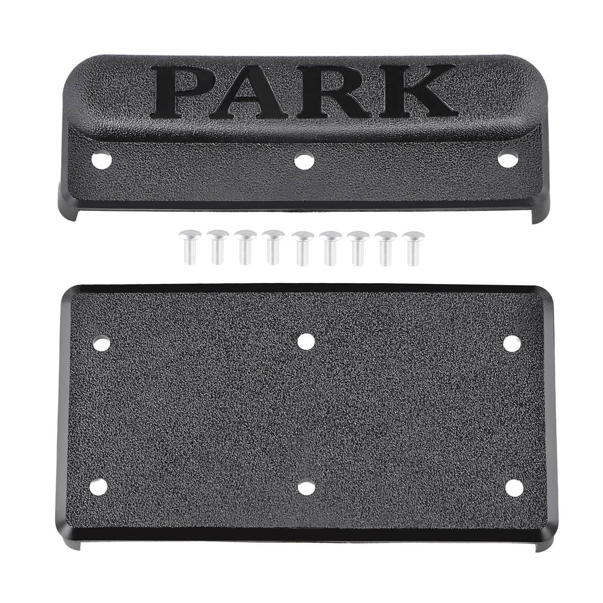 Black brake pedal pad covers set with PARK embossed and drilled screw holes
