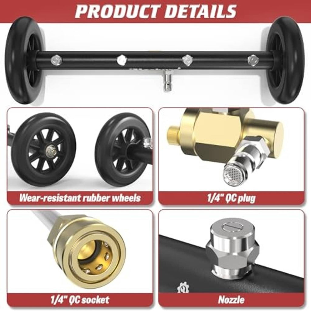 Undercarriage cleaner attachment with wear-resistant rubber wheels and brass 1/4" QC plug