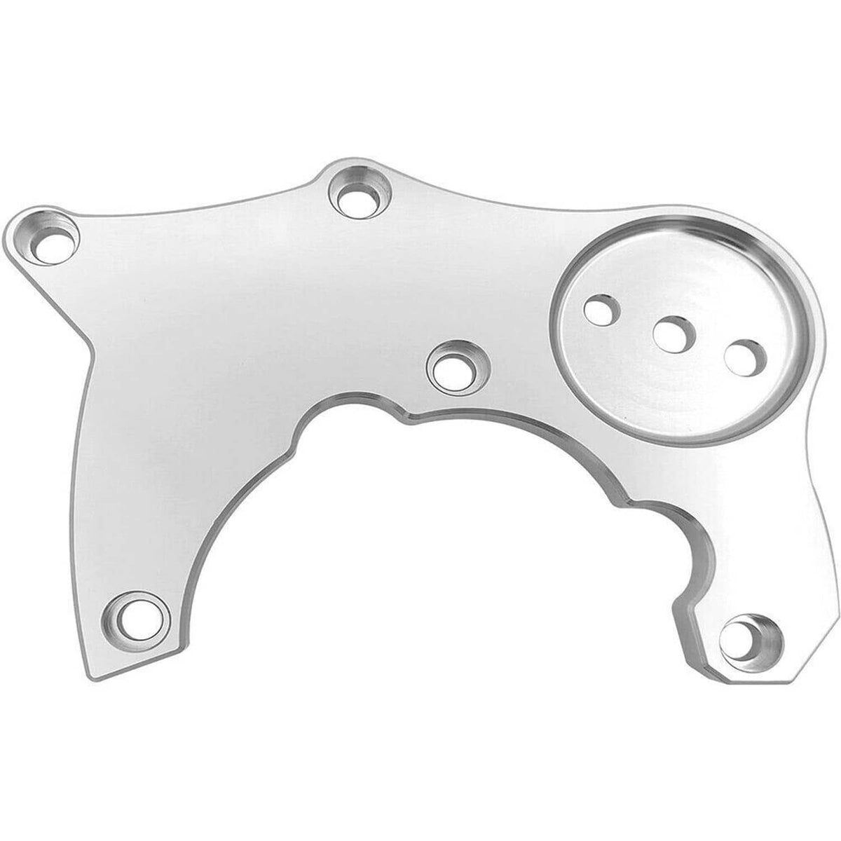 Silver high mount A/C bracket plate with bolt holes and round pulley opening